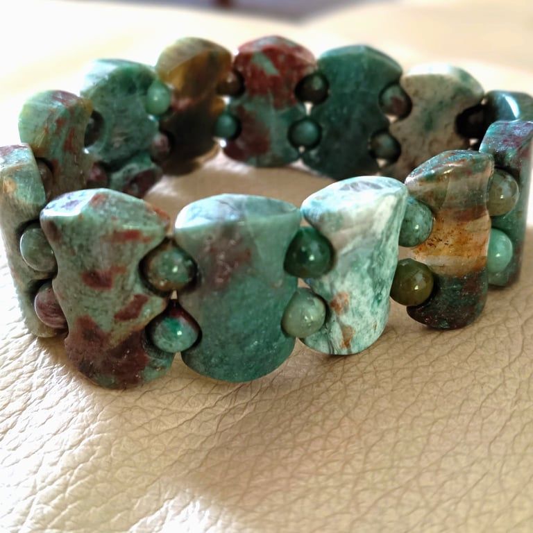 Green Rainforest Jasper Rectangular Beaded Stretch Cuff Bracelet