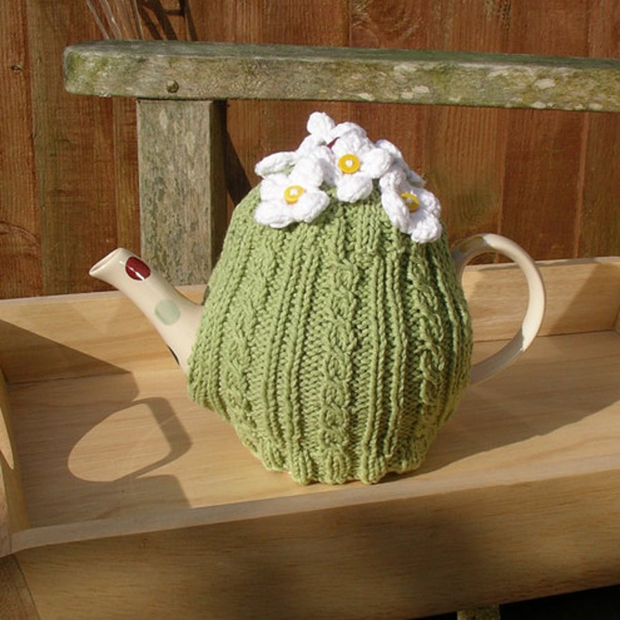 Daisy Flower Tea Cosy in Green, Pink and Terracotta Orange