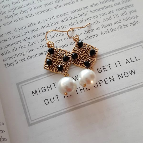 Black Pearl Drop Earrings – Square Beaded Earrings, Antique Style Jewellery Gift