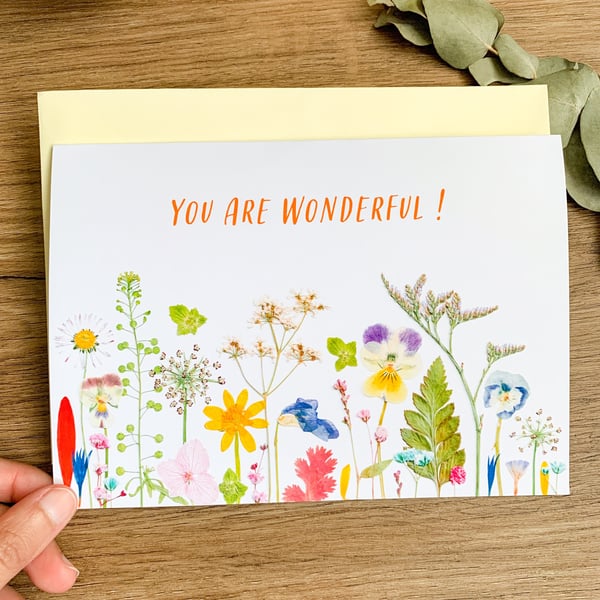 Pressed WildFlower Greeting Card Print You Are Wonderful Congrats Card Thank You