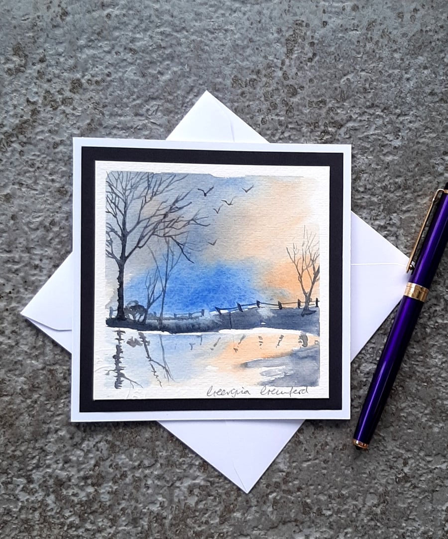 Handpainted Blank Watercolour Card of Tree Reflections. 