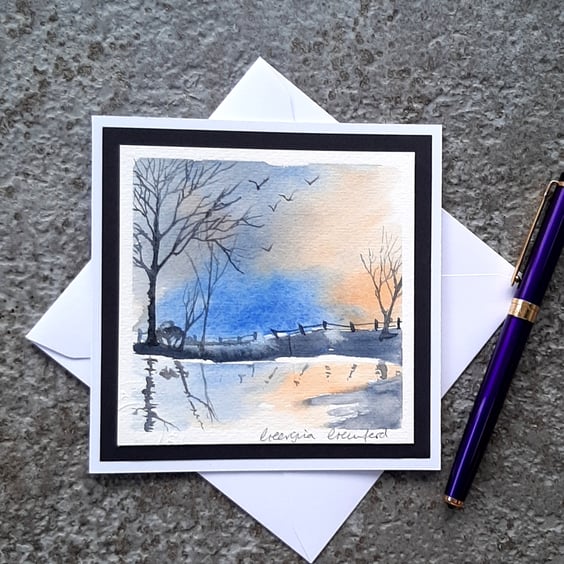 Handpainted Blank Watercolour Card of Tree Reflections. 