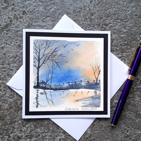 Handpainted Blank Watercolour Card of Tree Reflections. 