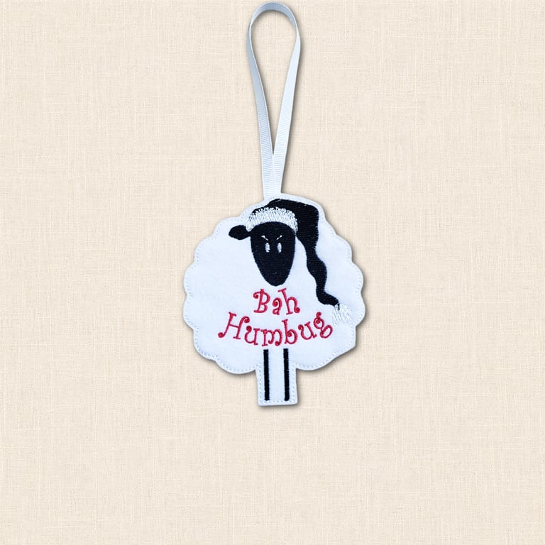Bah Humbug Sheep Christmas Decoration - Embroidered Tree Ornament