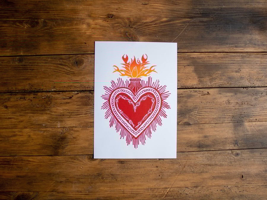 Sacred Heart Red and Orange A4 Lino print