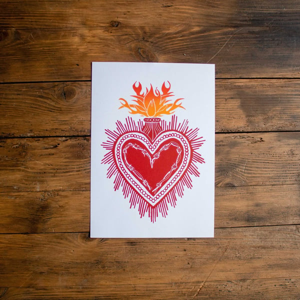 Sacred Heart Red and Orange A4 Lino print