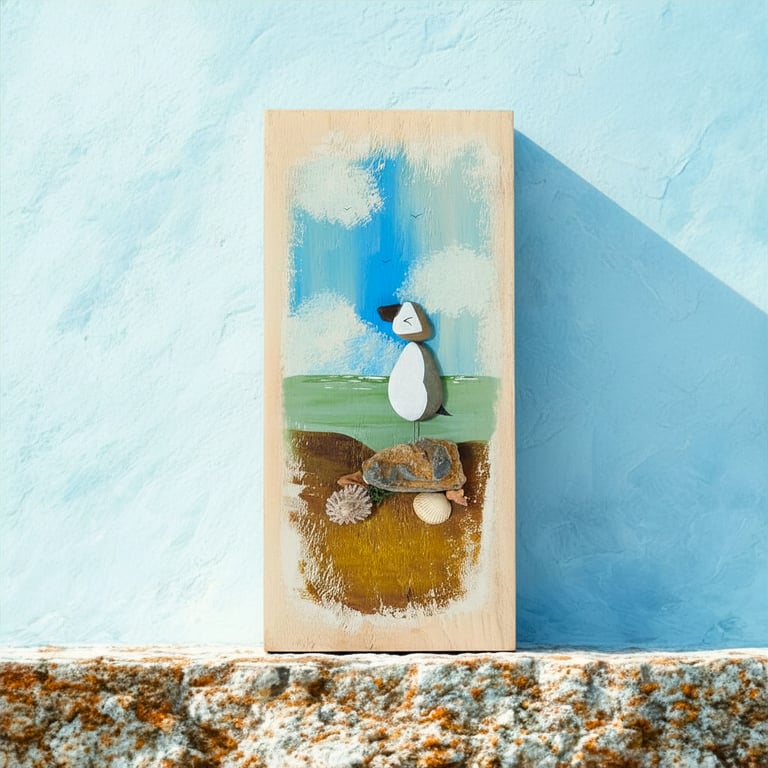 Handmade Puffin Wall Art, Coastal Pebble Picture, One-of-a-Kind Beach House Gift