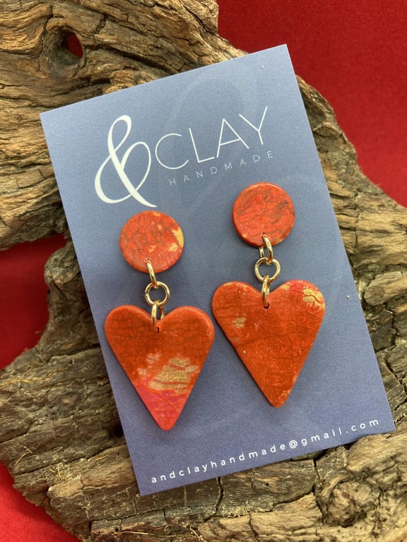 Red and Gold Heart Shaped Polymer Clay Earrings