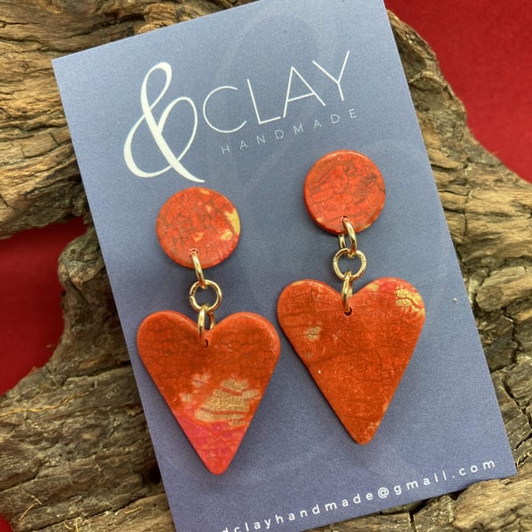 Red and Gold Heart Shaped Polymer Clay Earrings