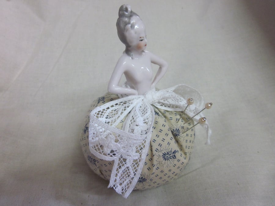 Antique porcelain half doll pincushion 1920s - Louise
