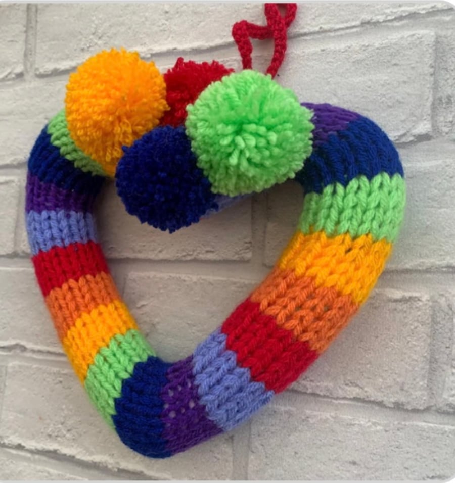 Handcrafted rainbow heart with pom-poms , 8 inches 