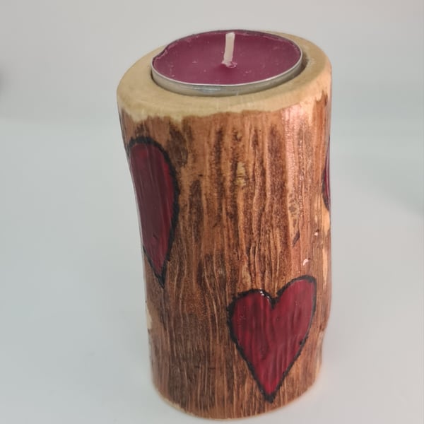 Wood tealight candle holder, tree branch, painted love hearts Valentines Day