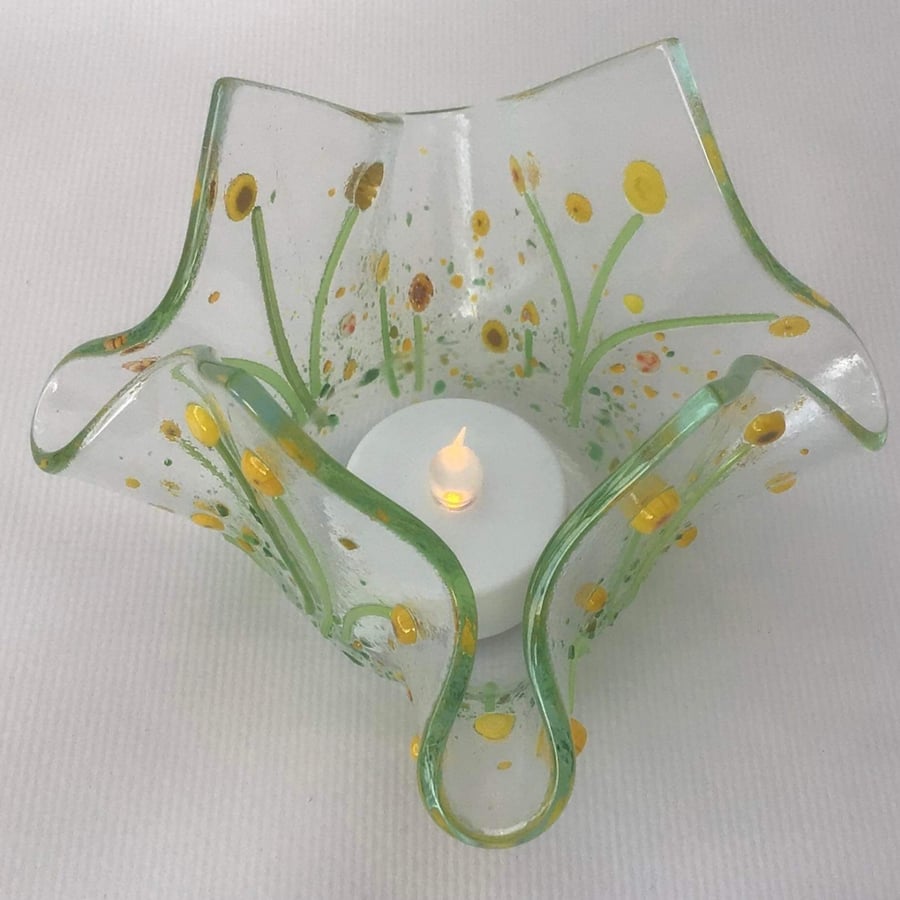 Fused glass floral tea light or candle holder - sunflowers 