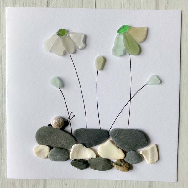 Floral design greeting card handmade with Cornish beach finds  