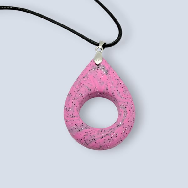Pink Marbled Glasses Holder Necklace with Black Waxed Cord