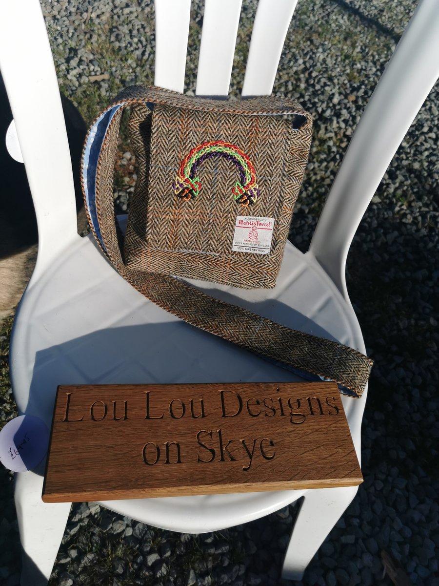 Harris Tweed crossbody bag with embroidered rainbow design 