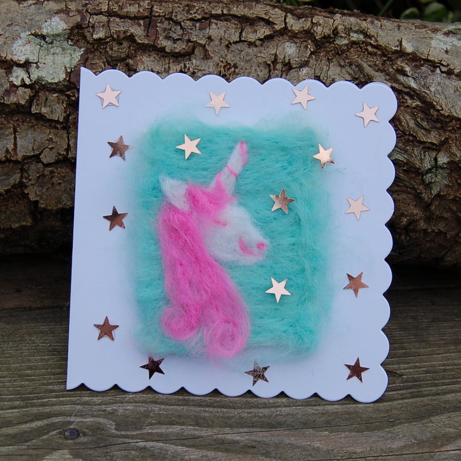 Unicorn card, Birthday card,   Needle felt unicorn, wool card