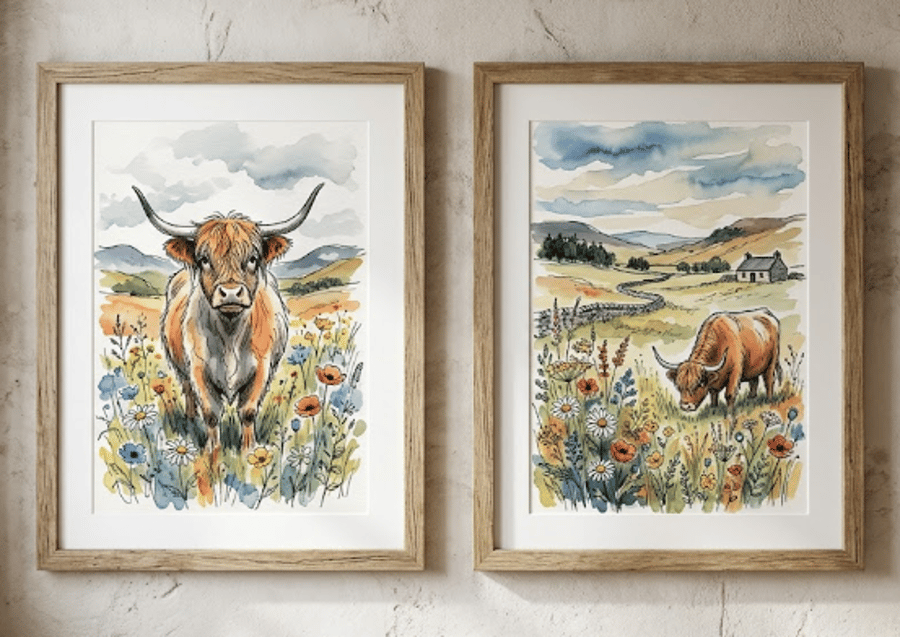 Set of 2 Scottish Highland Cow Prints – A4  Wall Art