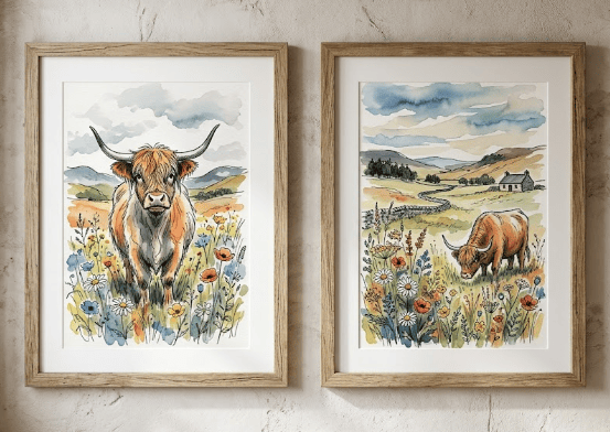 Set of 2 Scottish Highland Cow Prints – A4  Wall Art