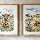 Set of 2 Scottish Highland Cow Prints – A4  Wall Art