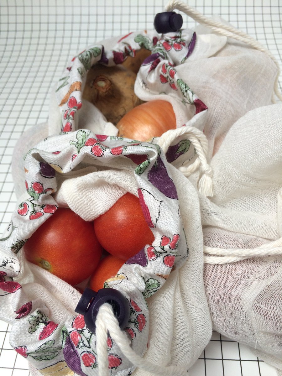 Fruit and veg supermarket bags. Set of three with vegetable design trim.