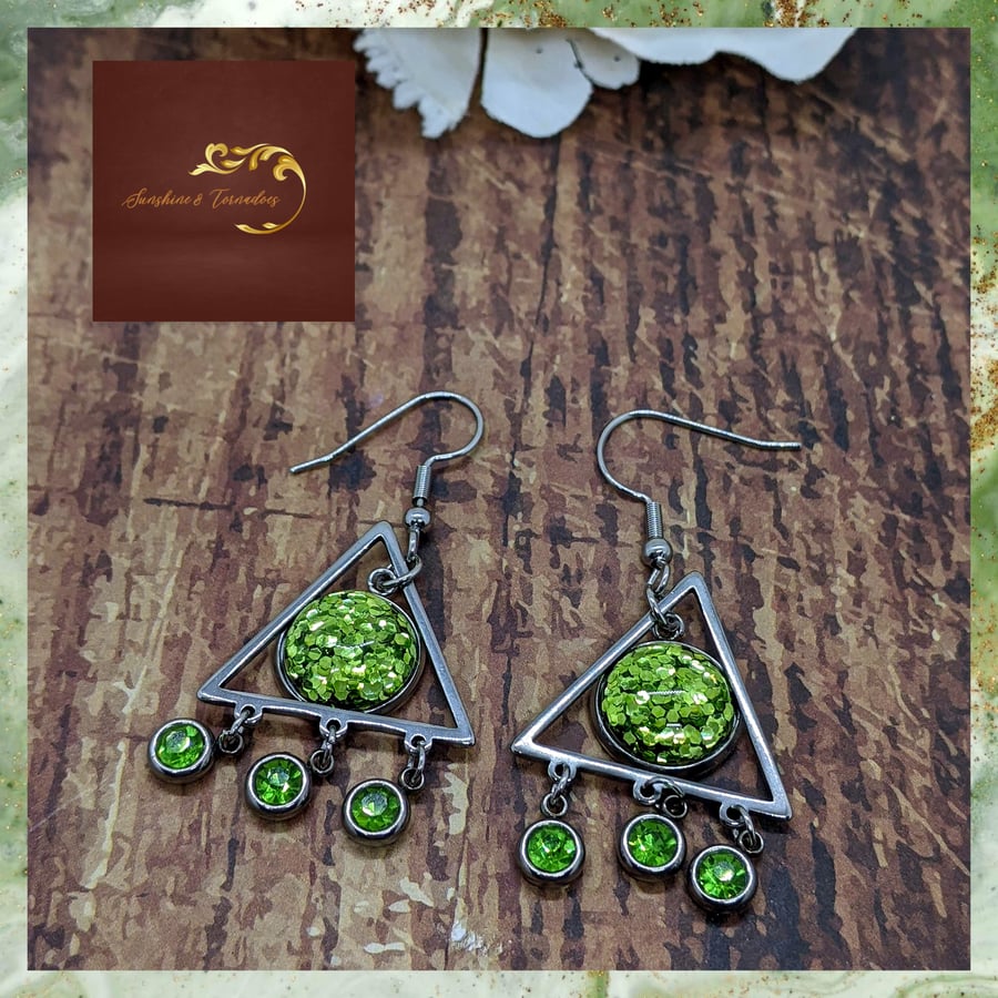 Green Glitter Resin and Cubic Zirconia Drop Earrings.