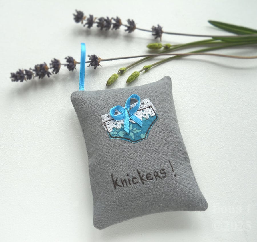 freehand embroidered lavender sachet hanging decoration blue