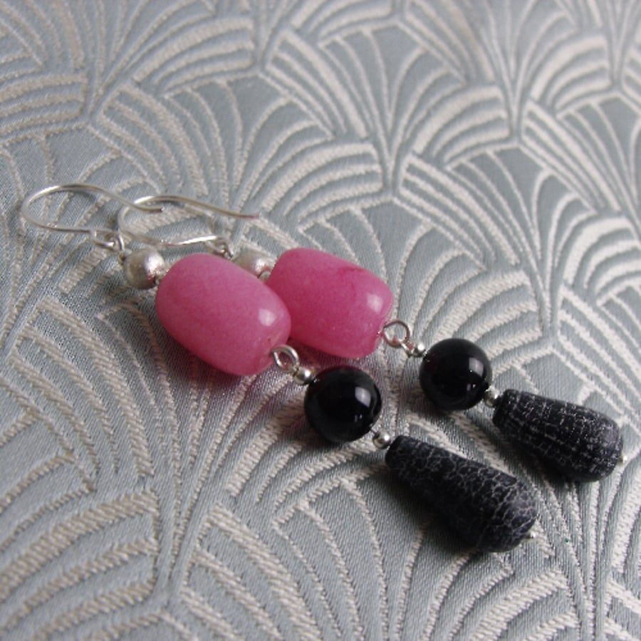 Pink Black Semi-Precious Stone Earrings, Pink Black Dangle Earrings CC58