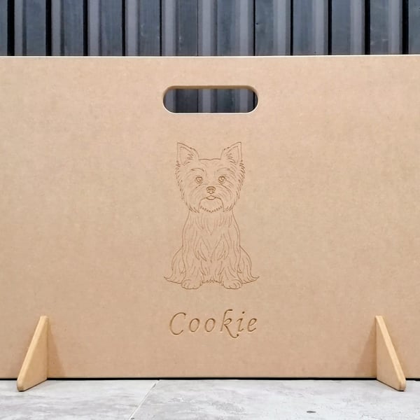 Dog stair gate with breed and name 