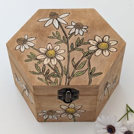 Pyrography wooden jewellery, trinket or keepsake box, pretty floral gift for her