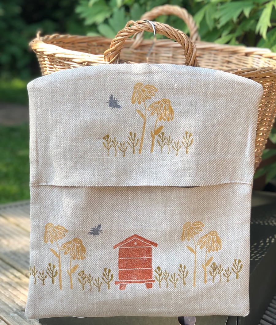 Hand Printed Linen Peg Bag-Honey Bees