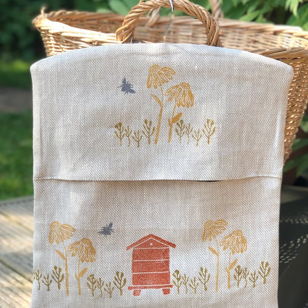 Hand Printed Linen Peg Bag-Honey Bees