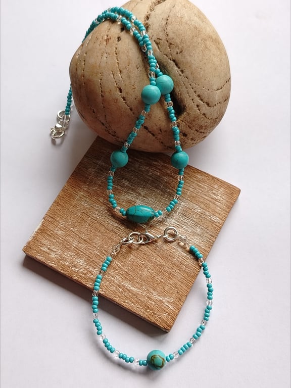 Turquoise Bead Necklace and Bracelet Set