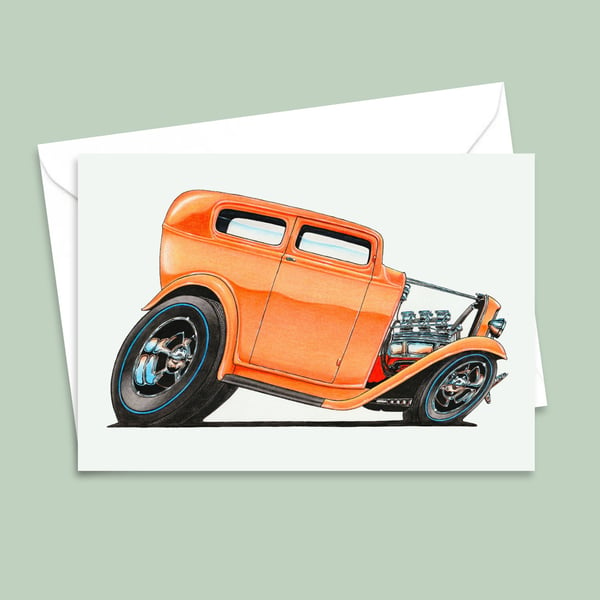 American Hot Rod Greeting Card and Envelope with a Custom Car Illustration