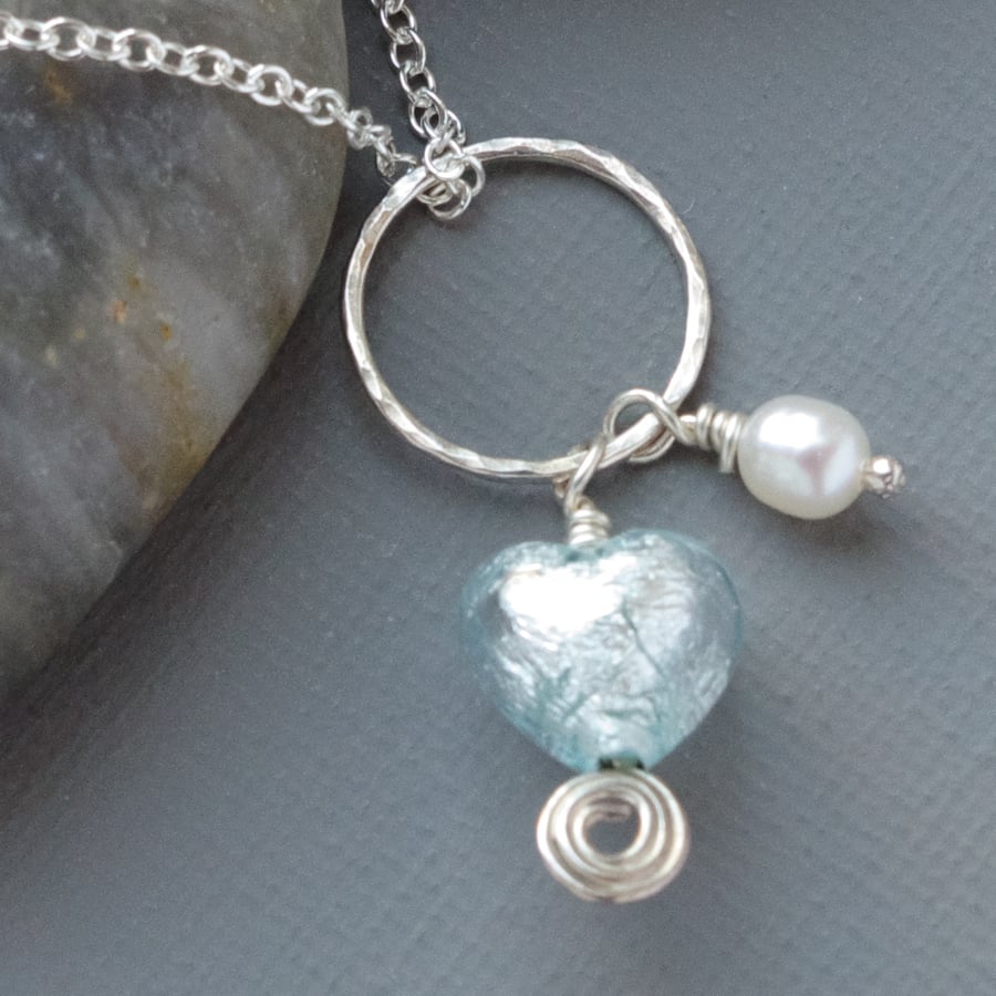 Bridesmaids' Sterling Silver Mint Green Murano Heart & Freshwater Pearl Necklace