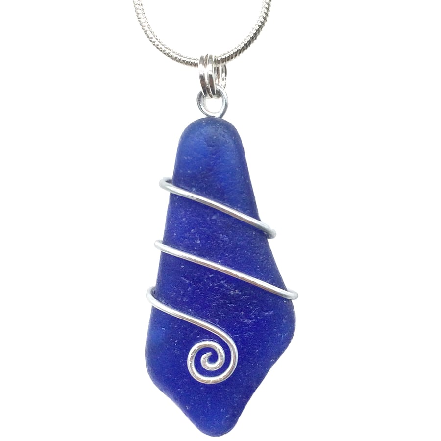 Blue Scottish Sea Glass Celtic Pendant Necklace Wire Wrapped Seaglass Jewellery