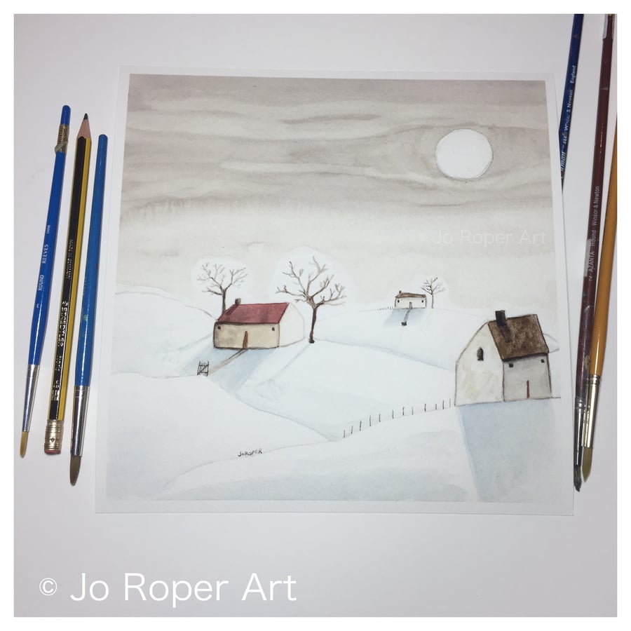 Three cottages is a 9" x 9" giclee Print by Jo Roper Art  