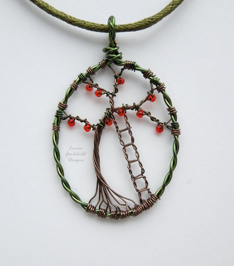 Apple Picking tree pendant necklace, unique wearable wire art