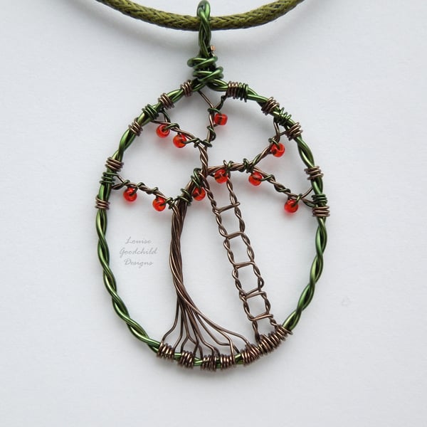 Apple Picking tree pendant necklace, unique wearable wire art