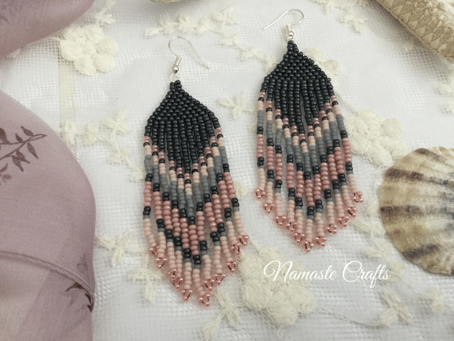 Delicate beaded long fringe earrings, dangle earrings, yoga lover, festival, fun