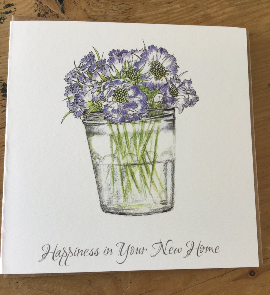 Jam jar of scabious flowers New Home Greeting Card 