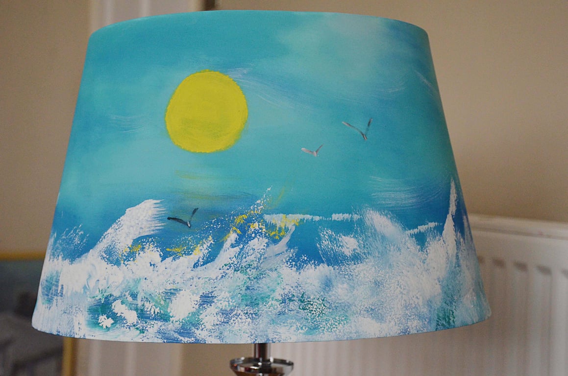 Coastal Cottage Table or Bedside Lampshade with Hand Painted Ocean Waves Clouds 