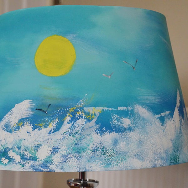 Coastal Cottage Table or Bedside Lampshade with Hand Painted Ocean Waves Clouds 