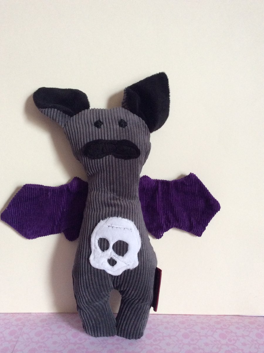 Grey Bat handmade plushie with Skull Tummy and purple wings, gift