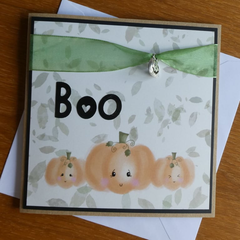 Pumpkin Blank Card - Halloween, Birthday - Green Ribbon