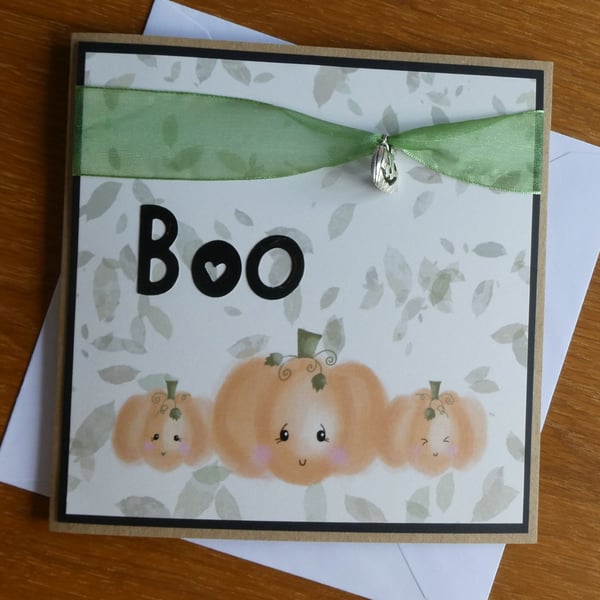 Pumpkin Blank Card - Halloween, Birthday - Green Ribbon