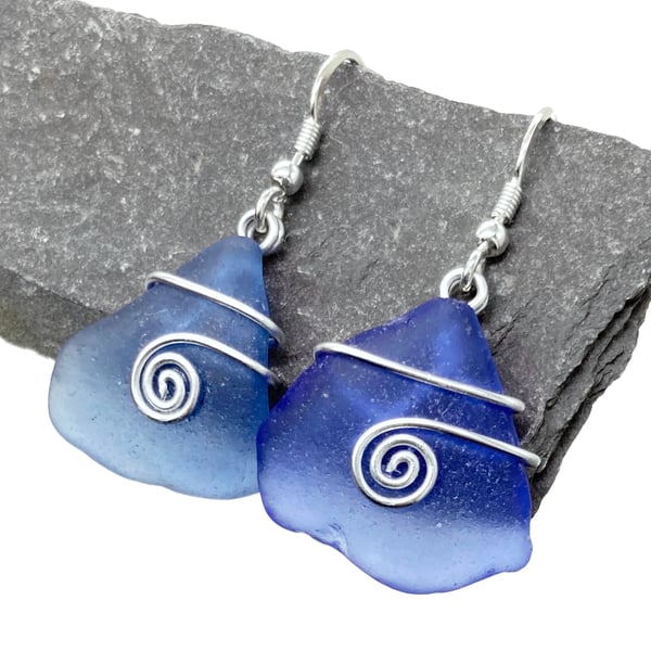 Sea Glass Earrings. Pale Blue Scottish Sterling Silver Wire Celtic Jewellery