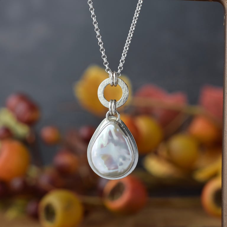 Pearl pendant necklace, one of a kind statement silver pendant