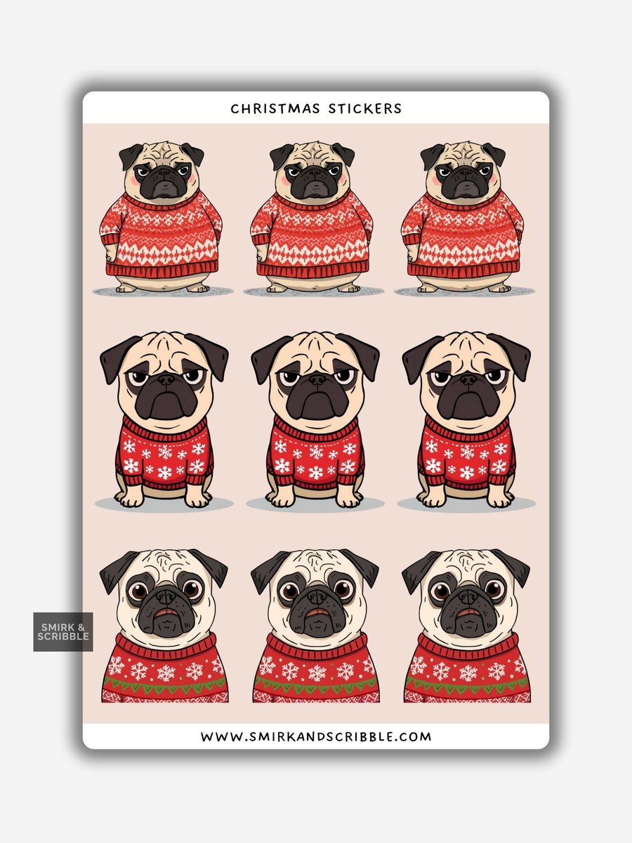 Funny Christmas Sticker Sheet - Cute Grumpy Pug Dogs