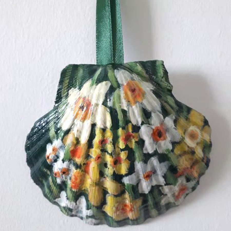 Daffodils handpainted king scallop shell wall hanger